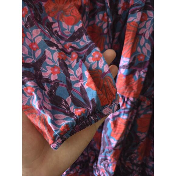 Bindu floral Tiered Smocked Waist Flowy Boho Cottage Fairy Maxi Dress V neck M - Picture 4 of 7